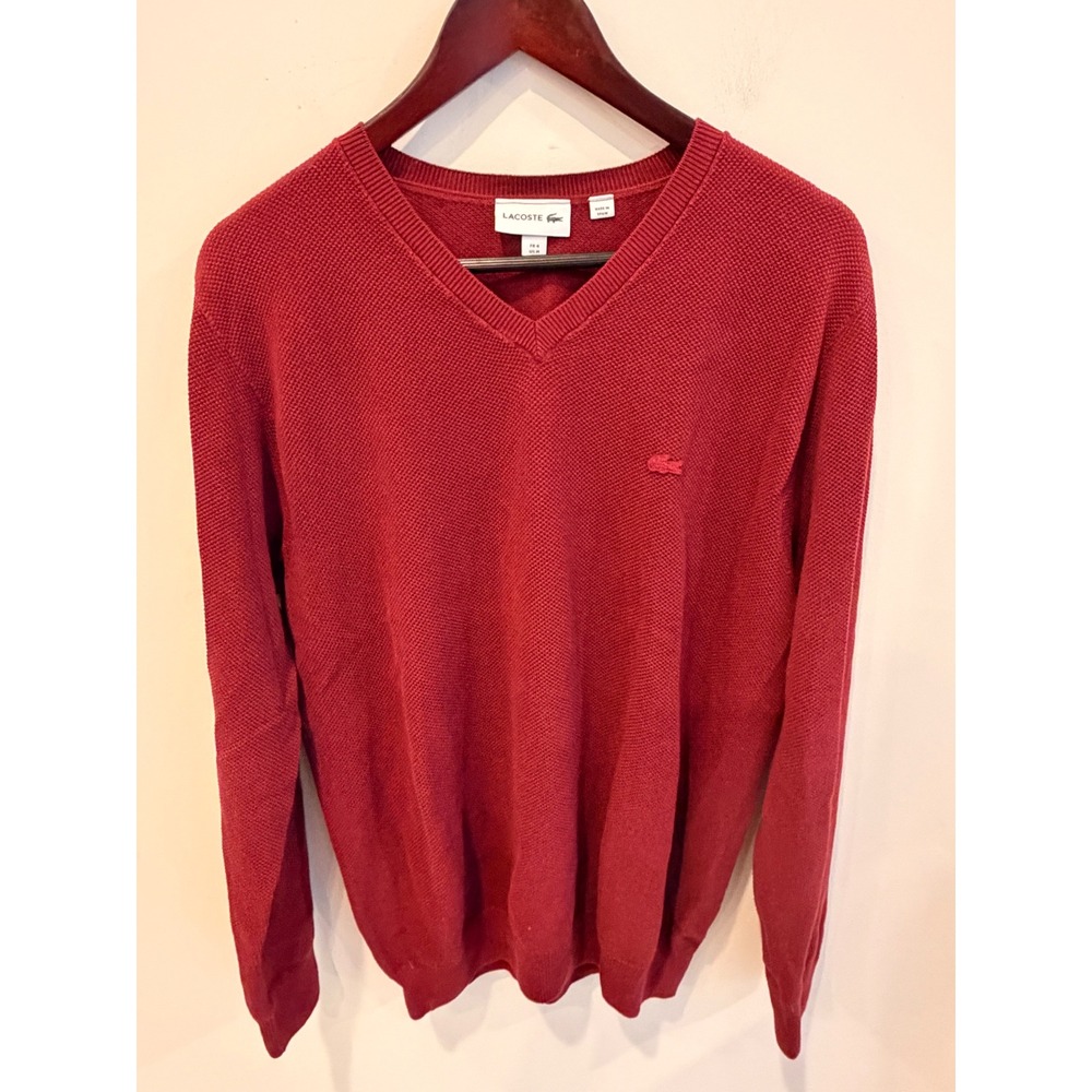 Lacoste Mens V-Neck Sweater Burgundy Red Waffle Knit Pullover Logo FR 4 US M
